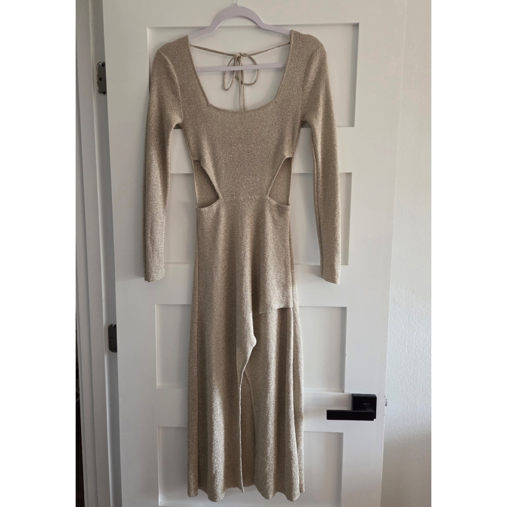 Misa Los Angeles Metalic Gold Knit Long Sleeve Dress XS